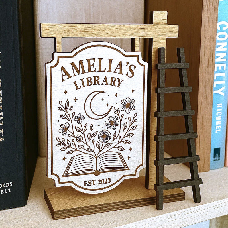 Personalized Wildflower Book Moon Book Signpost Mini Plaque, Library Decor, Bookshelf, Book Lover Gift, Bookish, Gifts For Readers