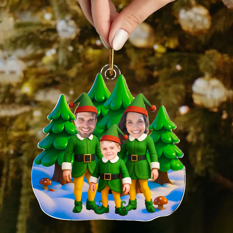 Personalized Photo Elf Family Standing Together Acrylic Ornament, Family Christmas Tree Decoration