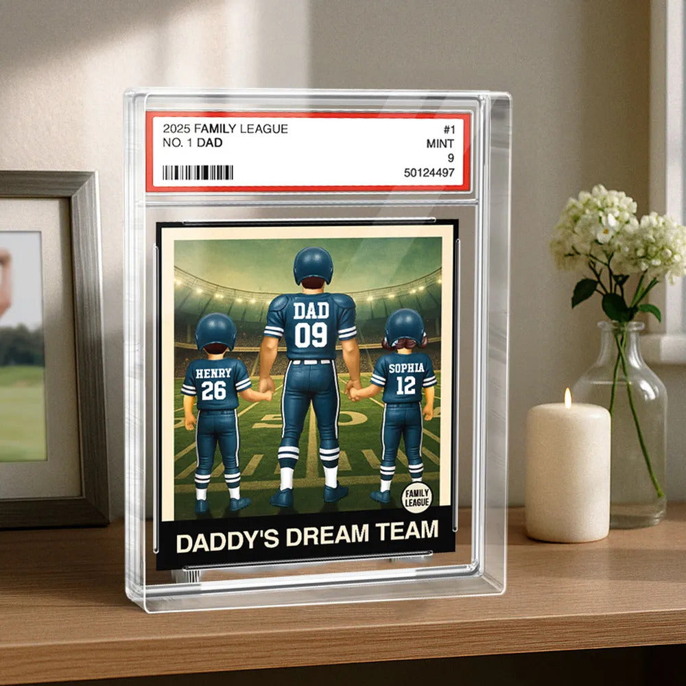 Football No. 1 Dad Man & Kids Trading Card Style Personalized Acrylic Block Plaque