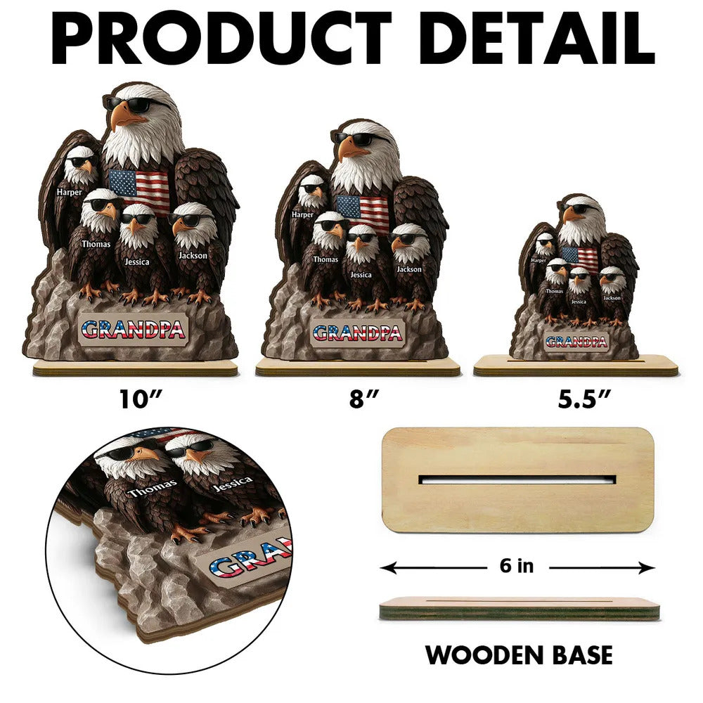 Patriotic Eagle Grandpa Dad & Kids 3D Effect Personalized Standing Wooden Plaque, Gift For Dad Grandpa