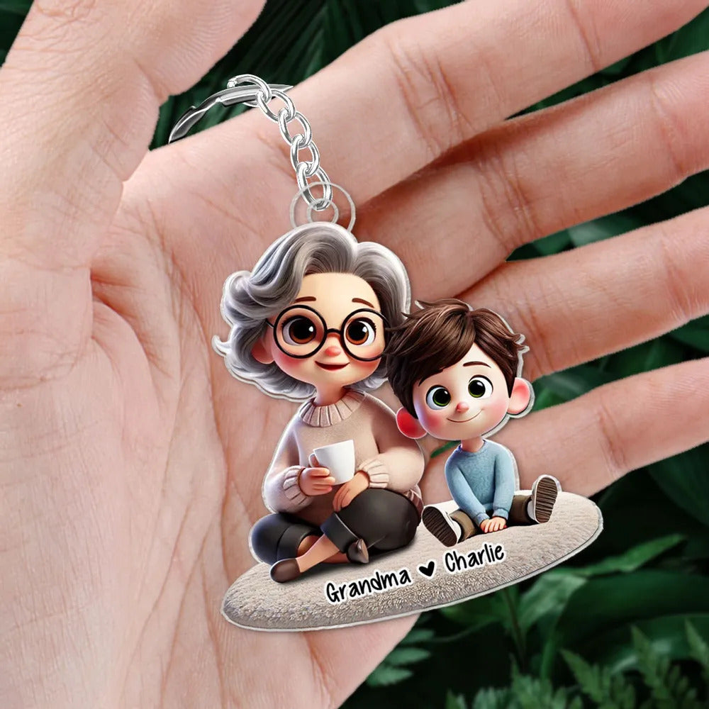 Happy Grandma & Grandkid Sitting Personalized Acrylic Keychain, Perfect 2025 Mother's Day Gift For Mom, For Grandma