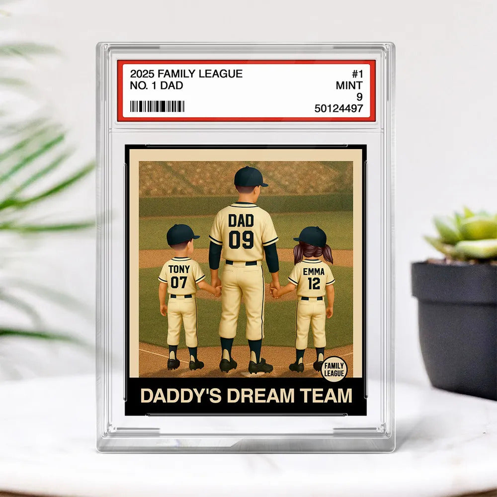 Baseball No. 1 Dad Man & Kids Trading Card Style Personalized Acrylic Block Plaque