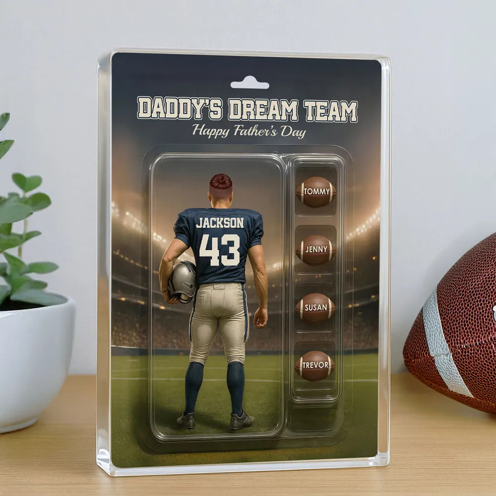 Custom Figure Football Dad With Kids' Names Personalized Acrylic Block Plaque, Perfect 2025 Father's Day Gift For Him, For Dad, For Football Lover