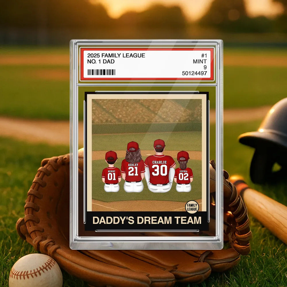 Retro Baseball No. 1 Dad Man & Kids Sitting Trading Card Style Personalized Acrylic Block Plaque