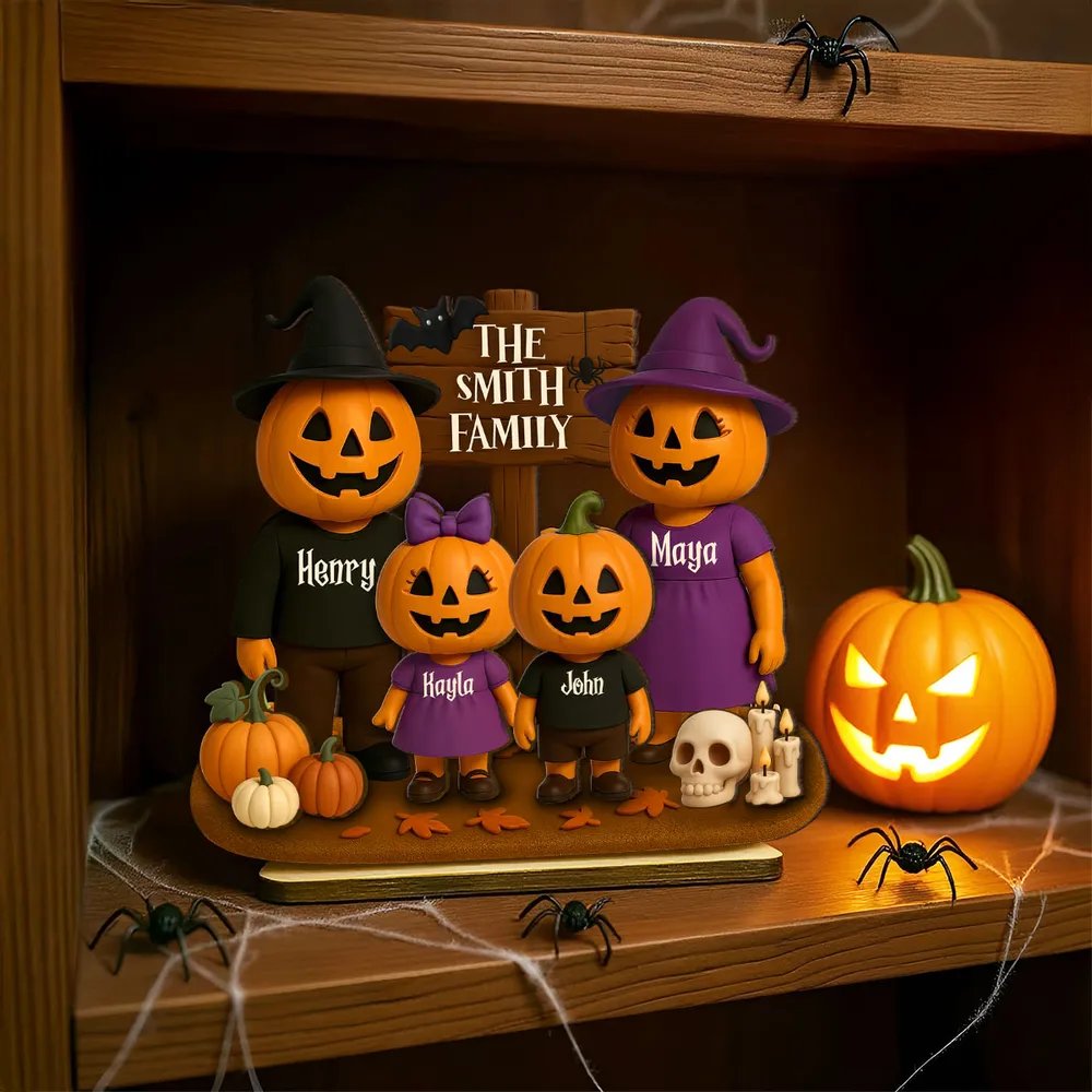 Jack O' Lantern Family 3D Effect Personalized Standing Wooden Plaque, Halloween Decor