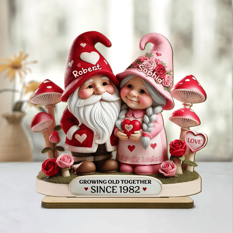 Gnome Mushroom Old Couple Valentine's Day Gift for him, Gift for her, Personalized Wooden Standing