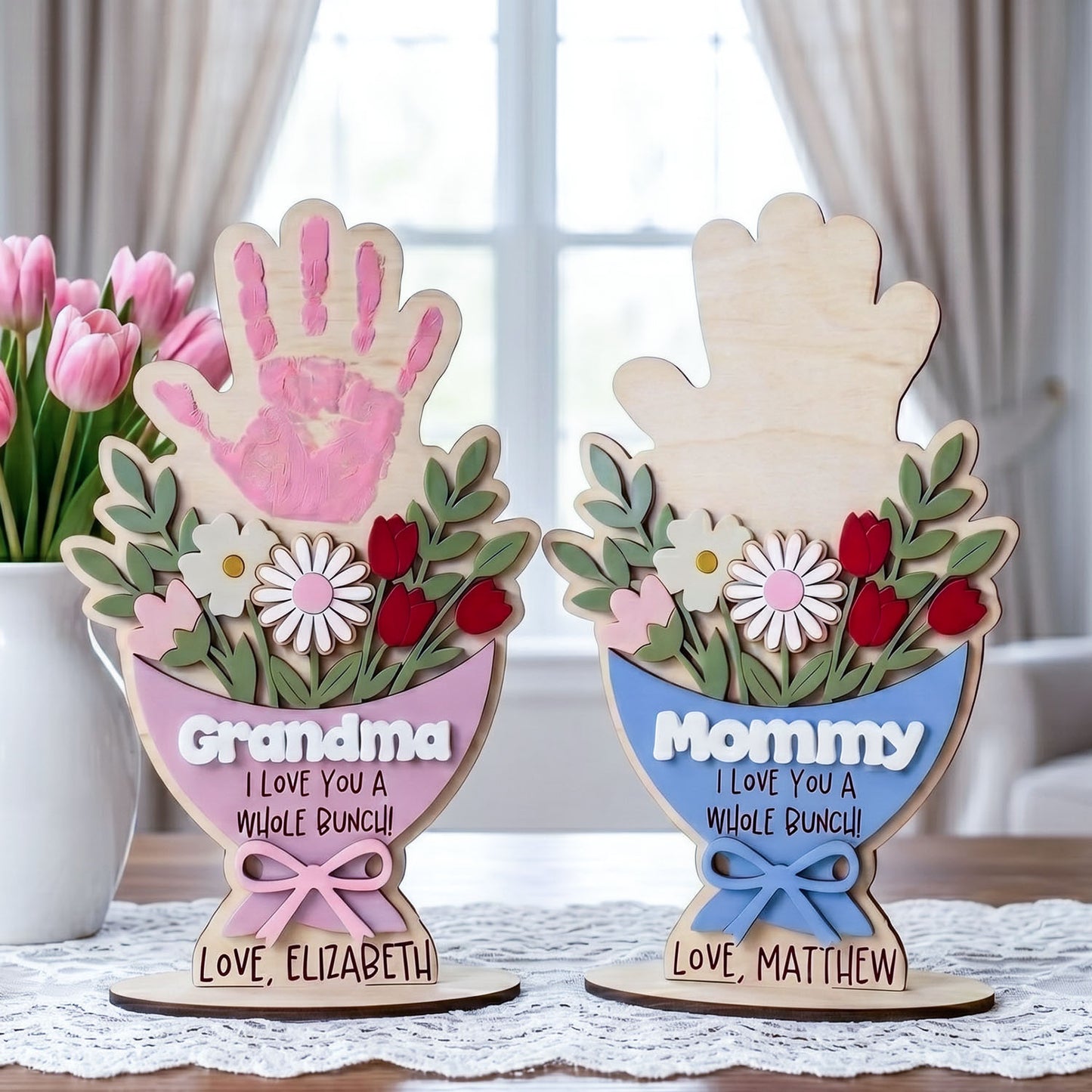 Personalized Wooden Flower Bouquet Handprint Sign With Flat Base, Custom Mom Grandma Handprint Plaque, Kids Fingerprint Art Gift, Mother Day Keepsake, Family Name Sign