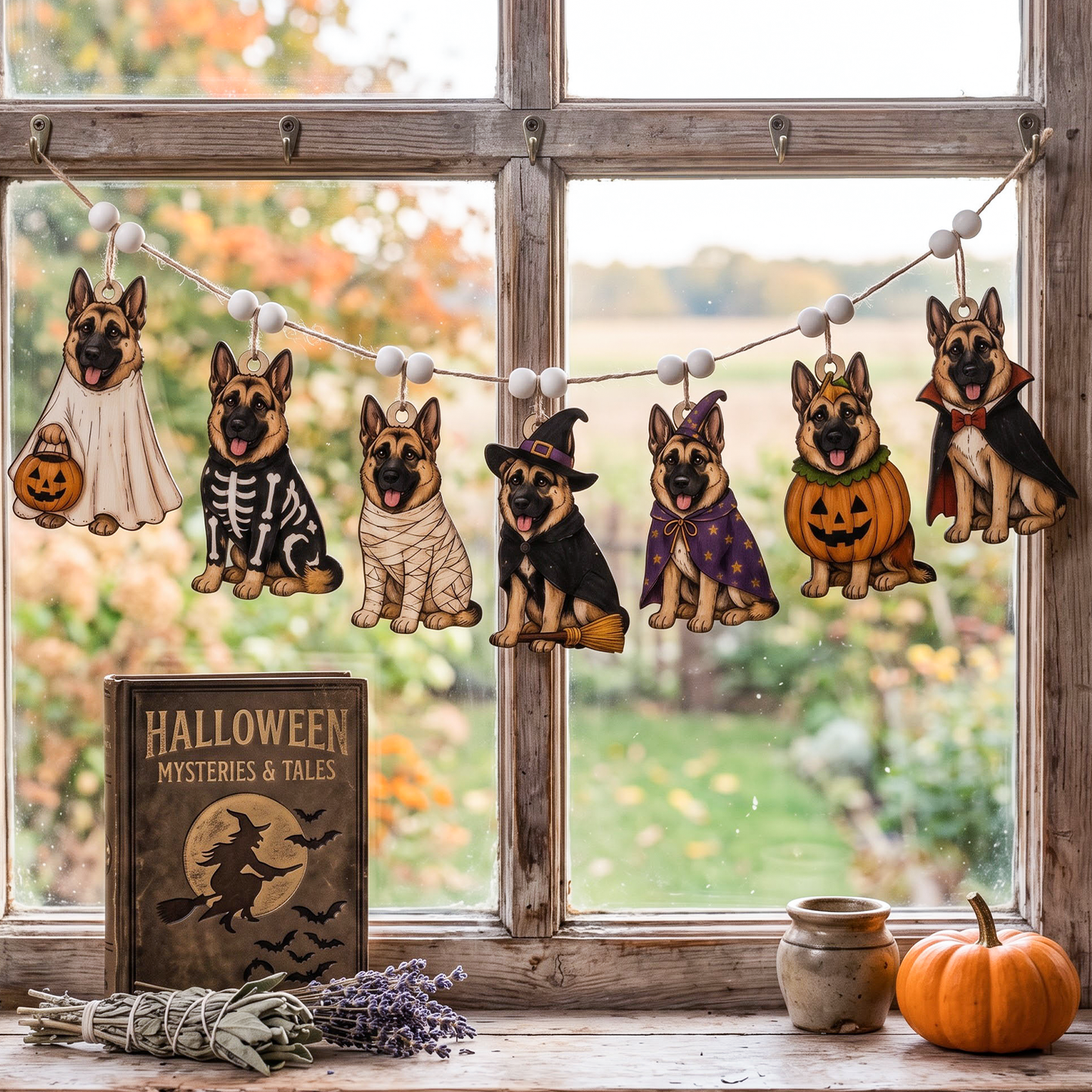 A Halloween-themed string garland featuring seven German Shepherd dog cutouts dressed in costumes, hanging on a rustic wooden window sill with a small pumpkin, a vintage-style book, and dried lavender outside.