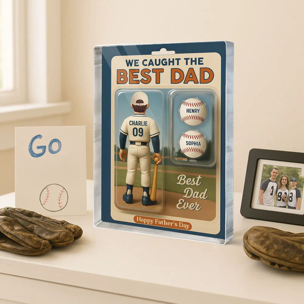 We Caught The Best Dad Grandpa Cartoon Baseball Lover Toy Box Figure Style Personalized Acrylic Block Plaque