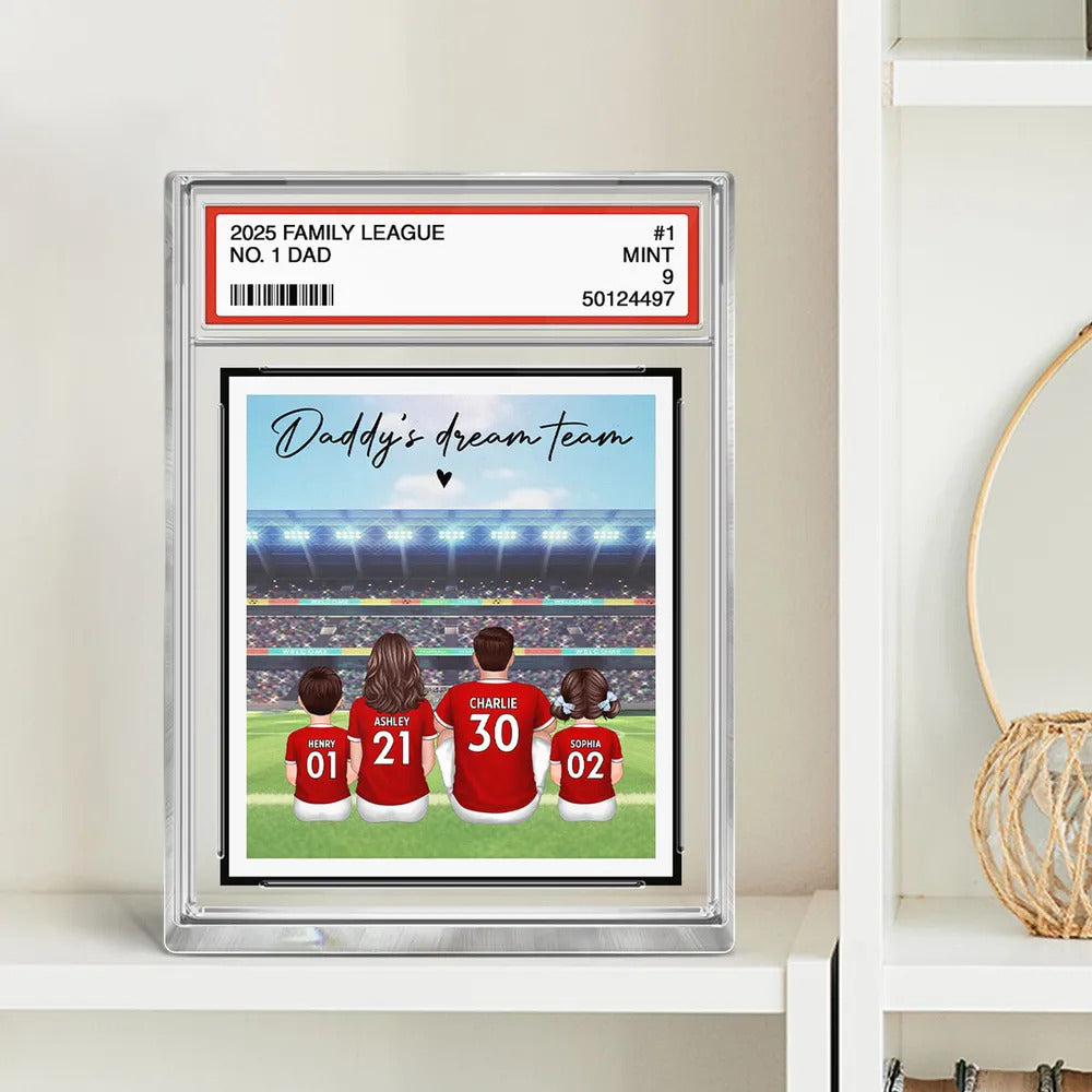 Soccer Daddy's Dream Team No. 1 Dad Man & Kids Sitting Trading Card Style Personalized Acrylic Block Plaque