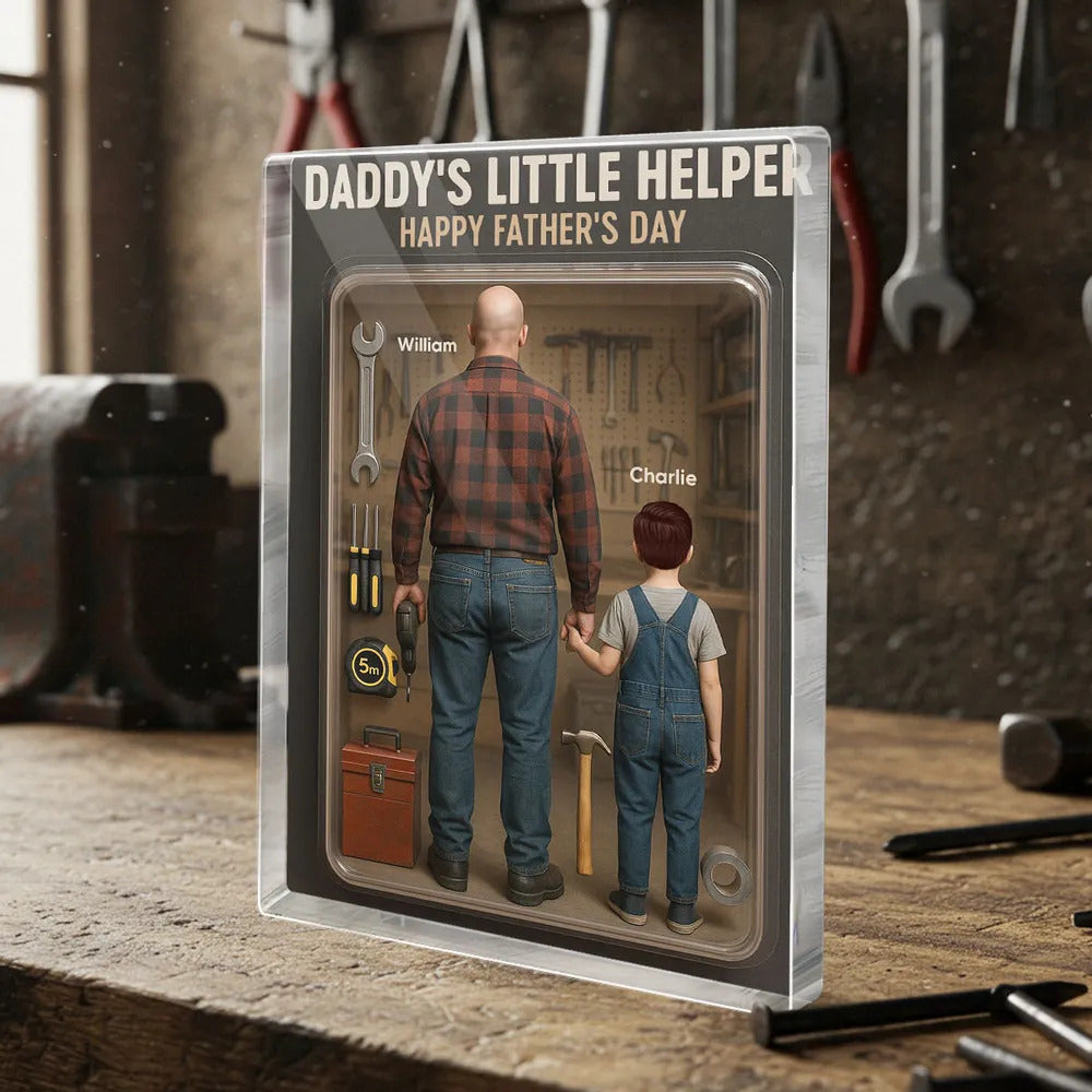3D Effect Action Figure Daddy's Little Helper Personalized Rectangle Acrylic Block, Gift For Dad