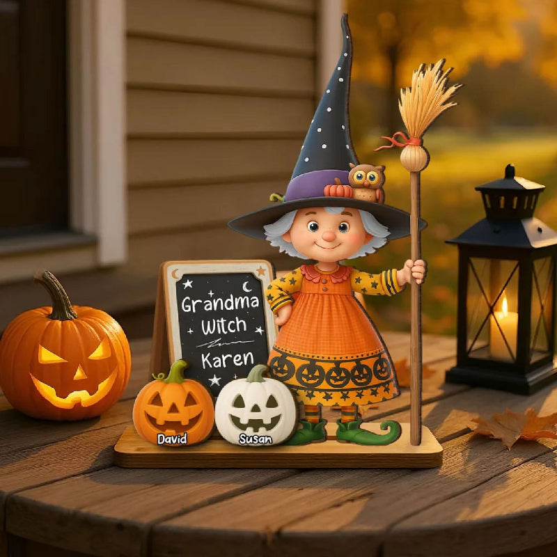 Personalized Grandma Witch Standing Wooden Plaque, Halloween Jack-o'-lantern Decor for Grandma