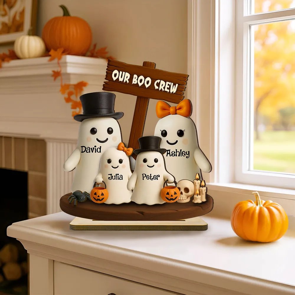 Our Boo Crew Halloween Family 3D Effect Personalized Standing Wooden Plaque
