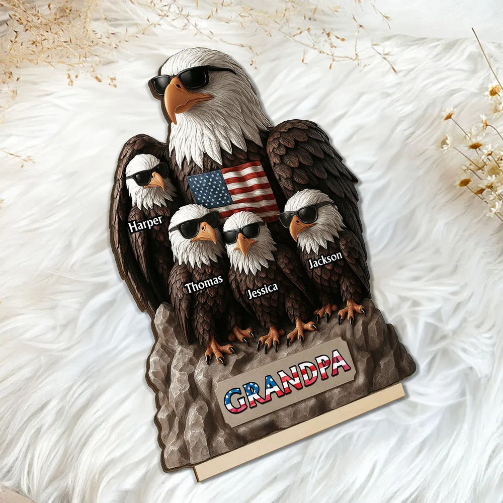Patriotic Eagle Grandpa Dad & Kids 3D Effect Personalized Standing Wooden Plaque, Gift For Dad Grandpa