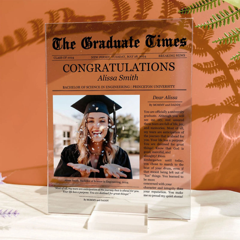 Personalized Newspaper Graduation Celebration Acrylic Photo Plaque, Graduation Keepsake Gift For Friends, Family