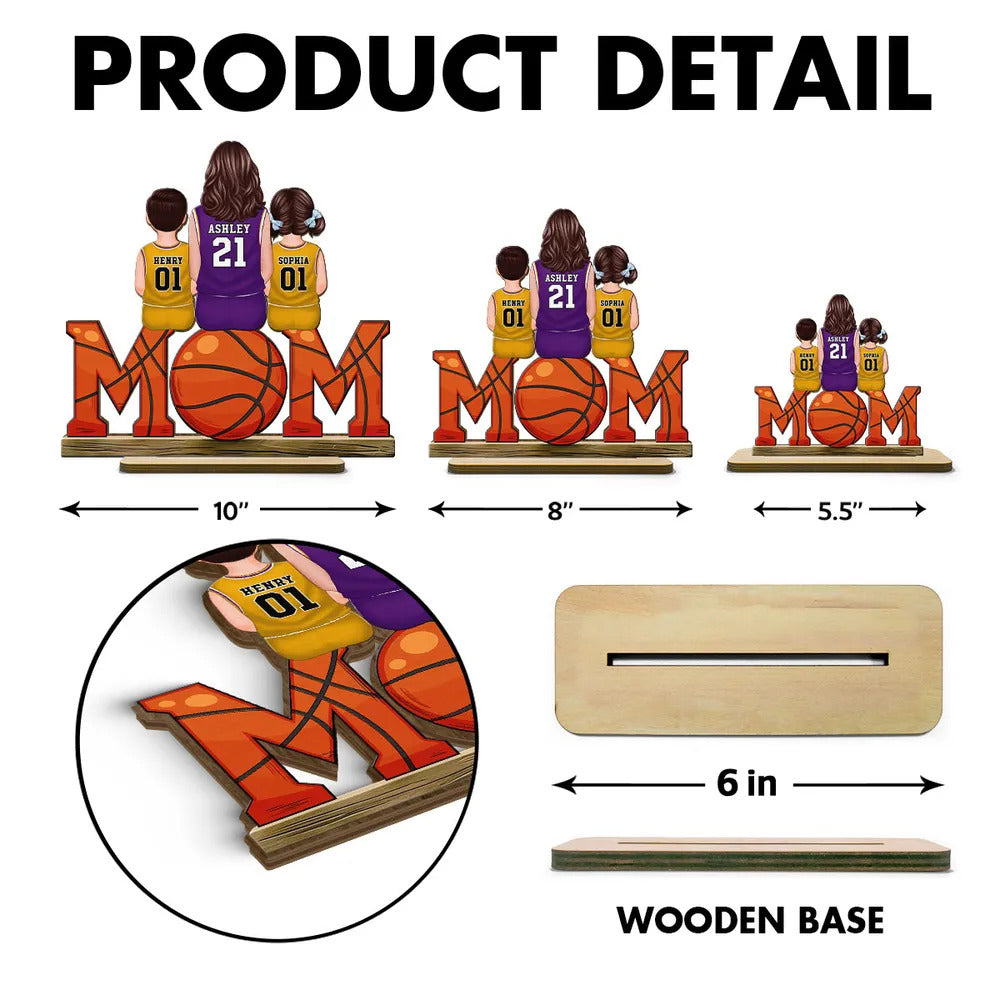 Basketball Mom And Kids Personalized Standing Wooden Plaque, Mother's Day Gift