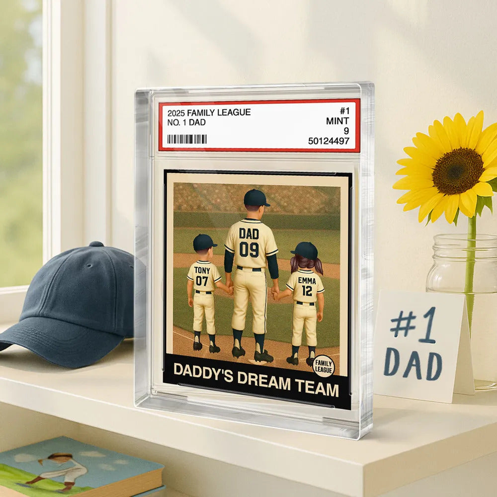 Baseball No. 1 Dad Man & Kids Trading Card Style Personalized Acrylic Block Plaque