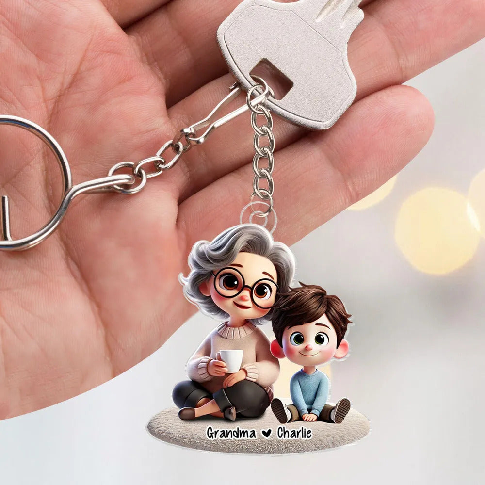 Happy Grandma & Grandkid Sitting Personalized Acrylic Keychain, Perfect 2025 Mother's Day Gift For Mom, For Grandma