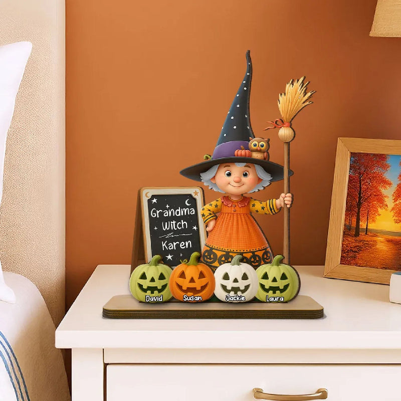 Personalized Grandma Witch Standing Wooden Plaque, Halloween Jack-o'-lantern Decor for Grandma