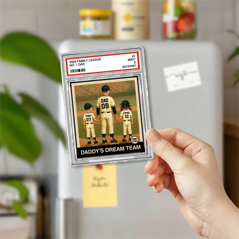 Baseball No. 1 Dad Man & Kids Trading Card Style Personalized Acrylic Fridge Magnet