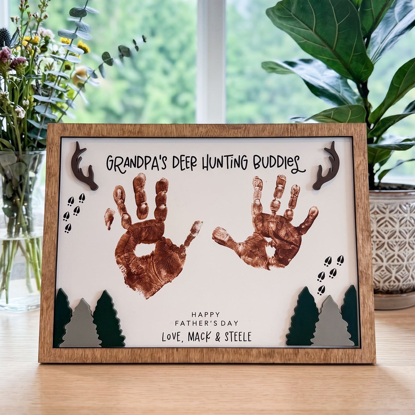 Personalized Deer Hunting Handprint Wooden Sign, Custom Daddy Grandpa Hunting Buddy Sign Decor, Rustic Father's Day Gift