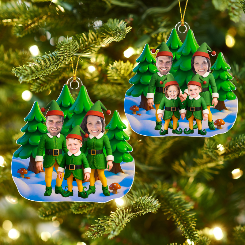 Personalized Photo Elf Family Standing Together Acrylic Ornament, Family Christmas Tree Decoration