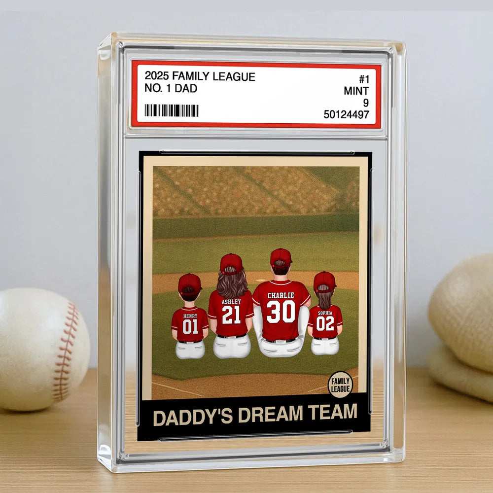 Retro Baseball No. 1 Dad Man & Kids Sitting Trading Card Style Personalized Acrylic Block Plaque