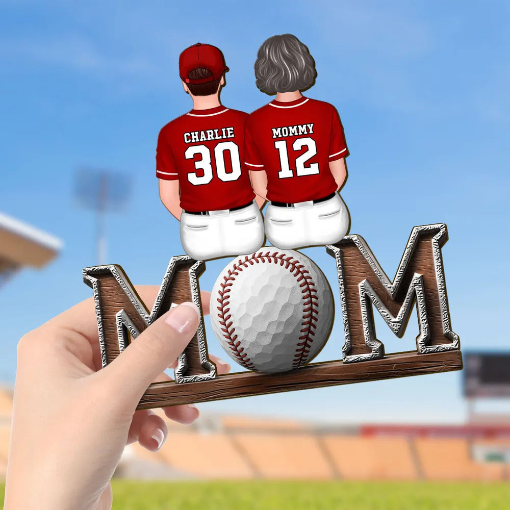 Baseball, Softball Mom And Kids Sitting On Text Personalized Standing Wooden Plaque, Mother's Day Gift