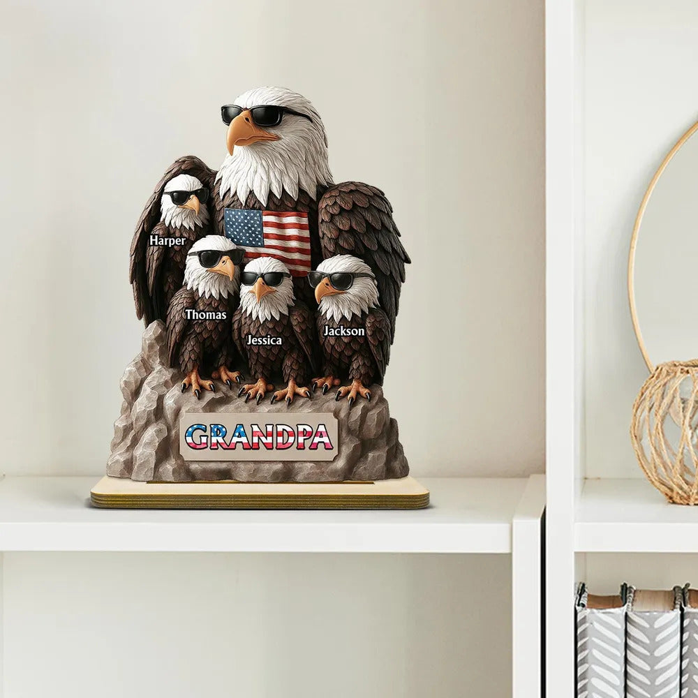Patriotic Eagle Grandpa Dad & Kids 3D Effect Personalized Standing Wooden Plaque, Gift For Dad Grandpa