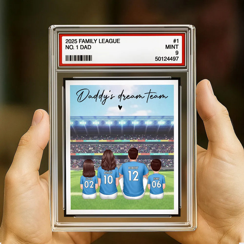 Soccer Daddy's Dream Team No. 1 Dad Man & Kids Sitting Trading Card Style Personalized Acrylic Block Plaque