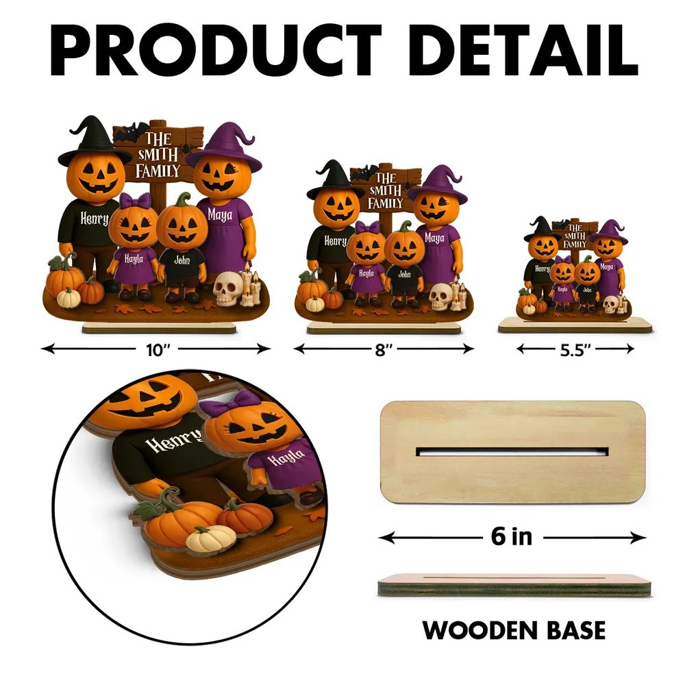 Jack O' Lantern Family 3D Effect Personalized Standing Wooden Plaque, Halloween Decor