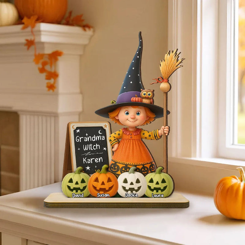 Personalized Grandma Witch Standing Wooden Plaque, Halloween Jack-o'-lantern Decor for Grandma