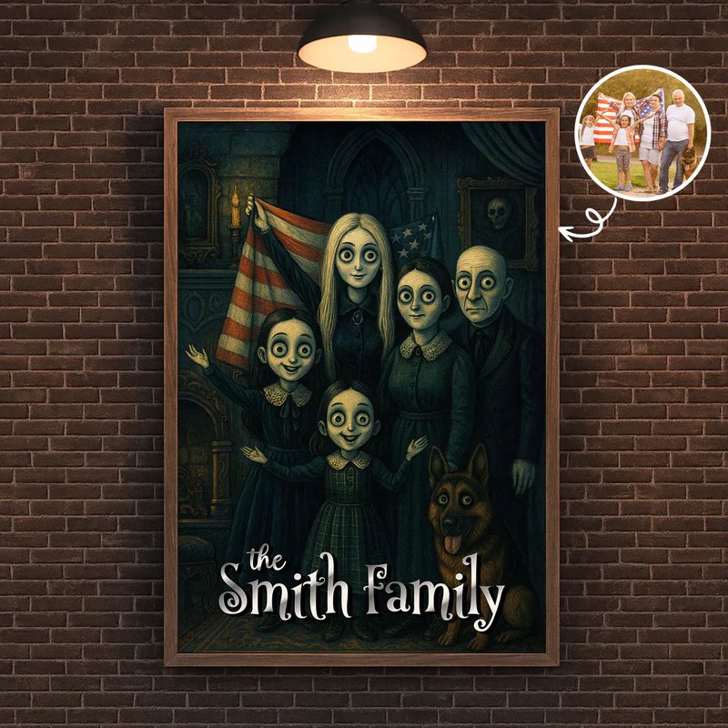 Framed artwork of 'The Smith Family' on a brick wall.