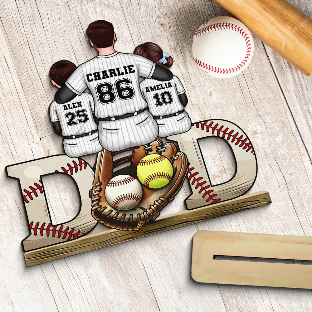 Baseball Softball Dad & Kids Glove Personalized Standing Wooden Plaque, Father's Day Gift for Dad, Gift for Husband