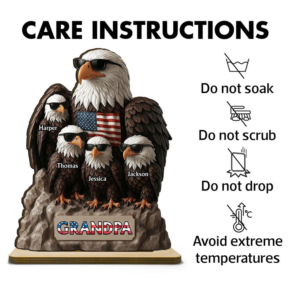 Patriotic Eagle Grandpa Dad & Kids 3D Effect Personalized Standing Wooden Plaque, Gift For Dad Grandpa
