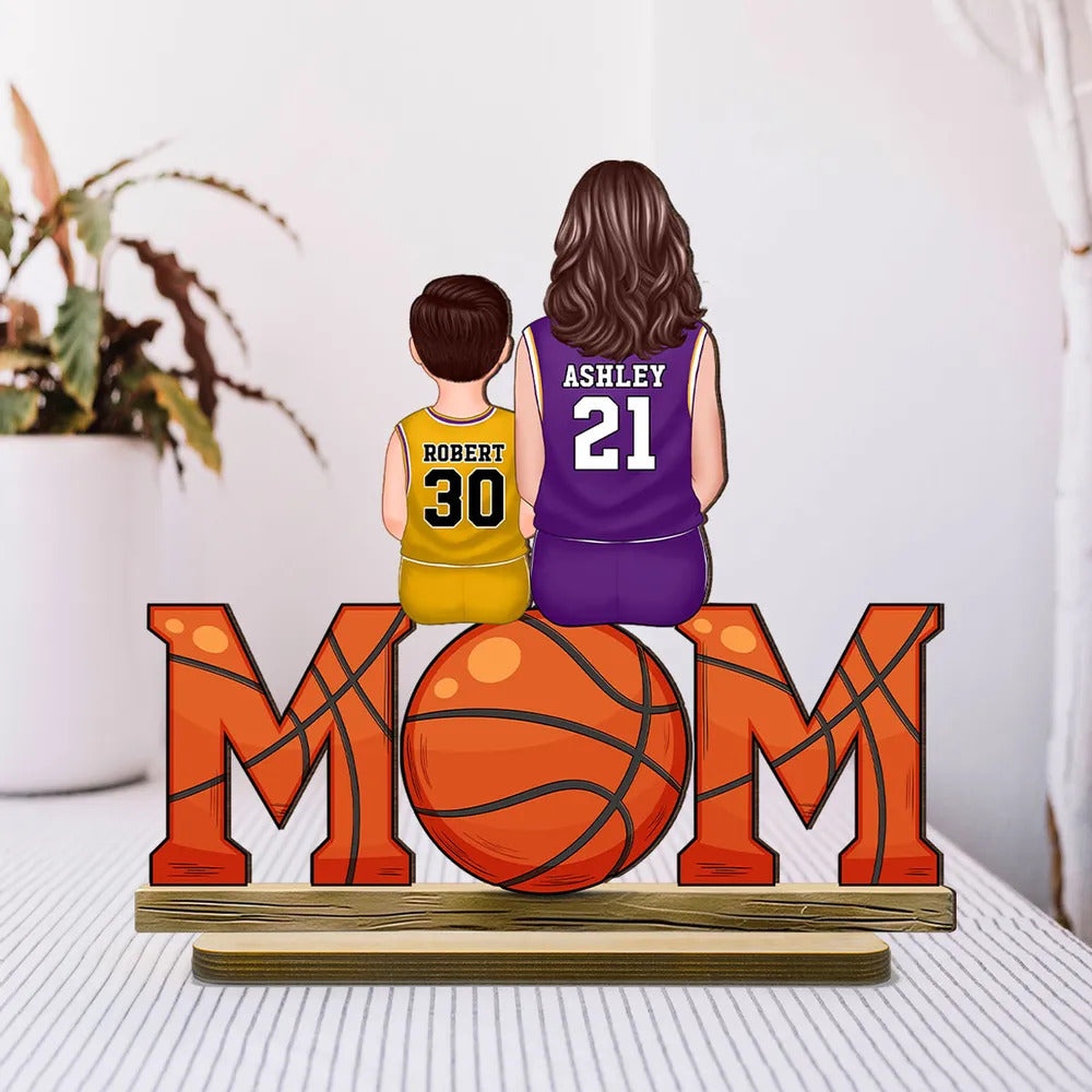 Basketball Mom And Kids Personalized Standing Wooden Plaque, Mother's Day Gift