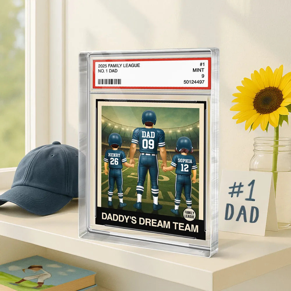Football No. 1 Dad Man & Kids Trading Card Style Personalized Acrylic Block Plaque