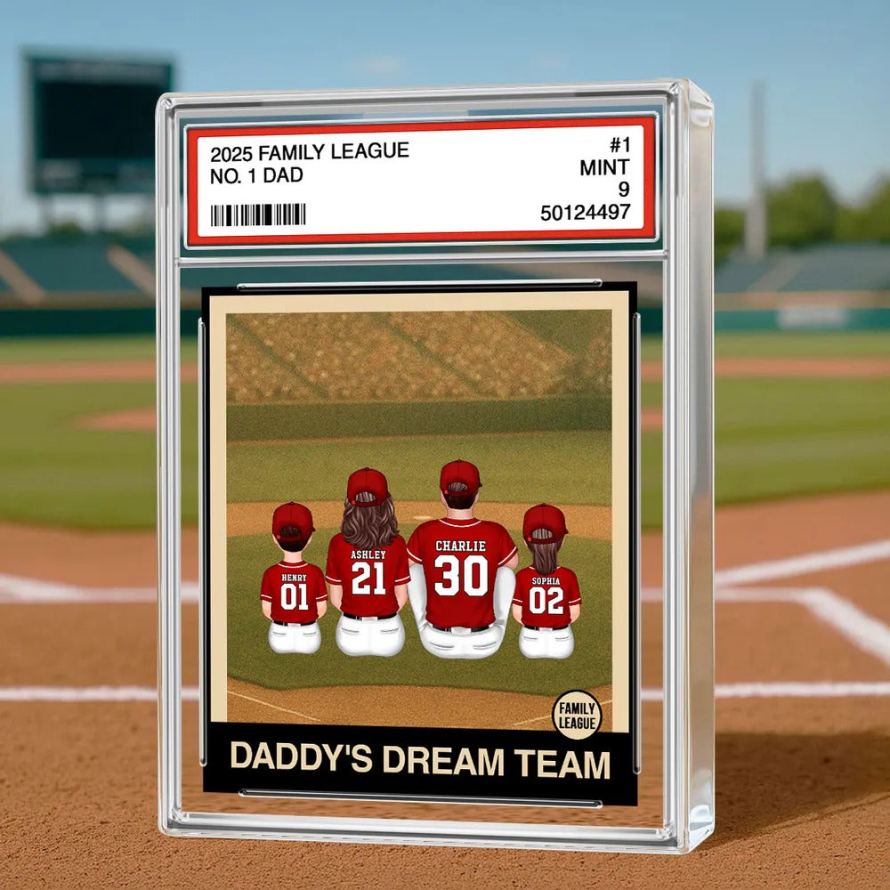 Retro Baseball No. 1 Dad Man & Kids Sitting Trading Card Style Personalized Acrylic Block Plaque