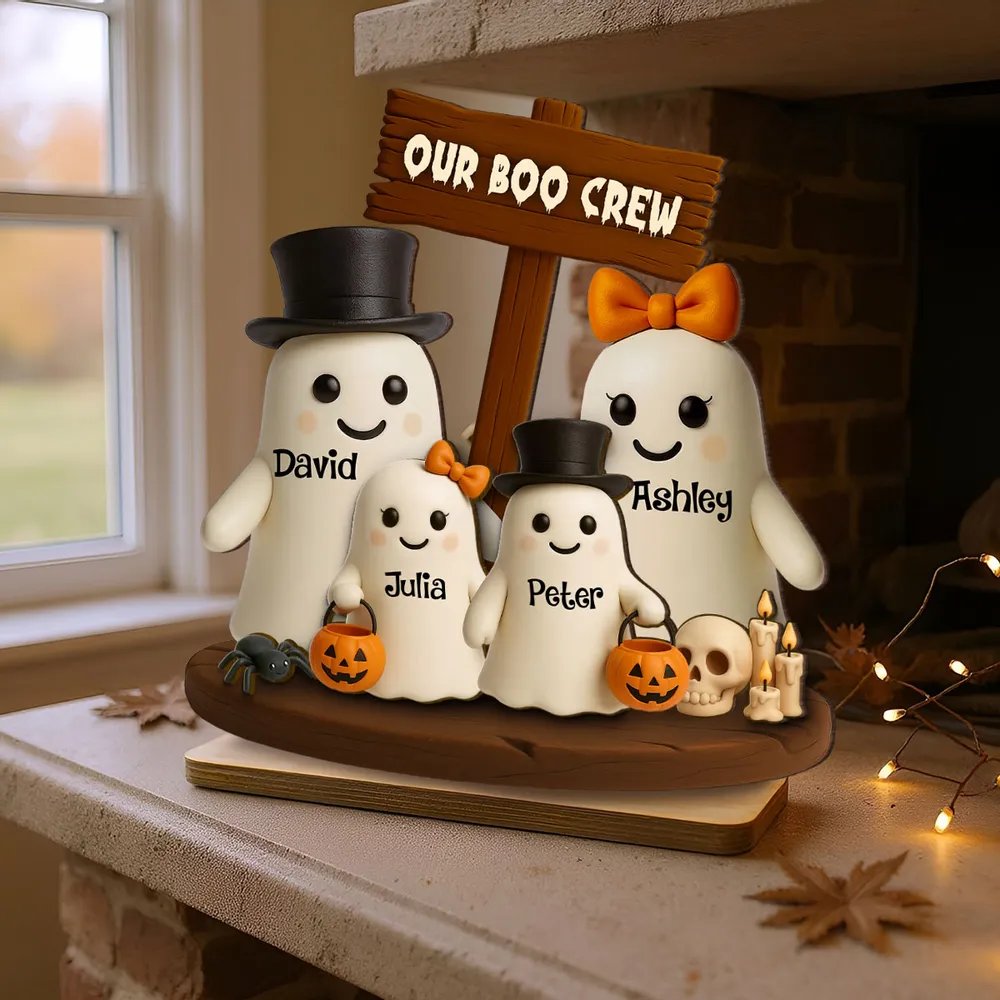 Our Boo Crew Halloween Family 3D Effect Personalized Standing Wooden Plaque
