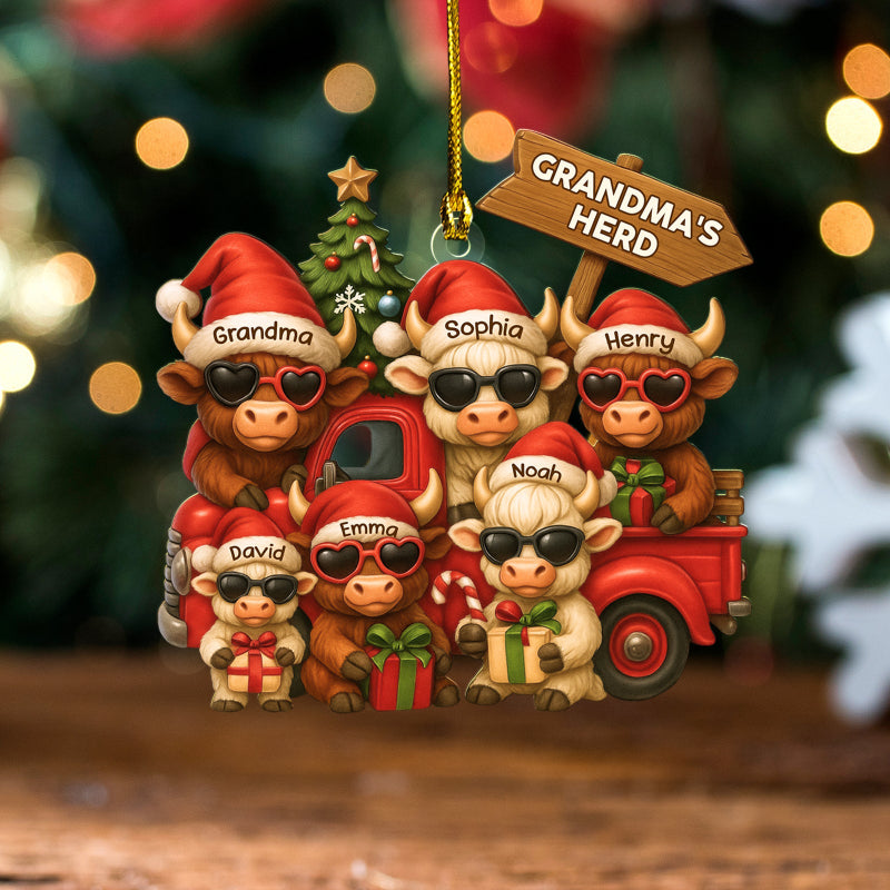 Personalized Christmas Highland Cow On Truck Acrylic Ornament, Family Christmas Ornament