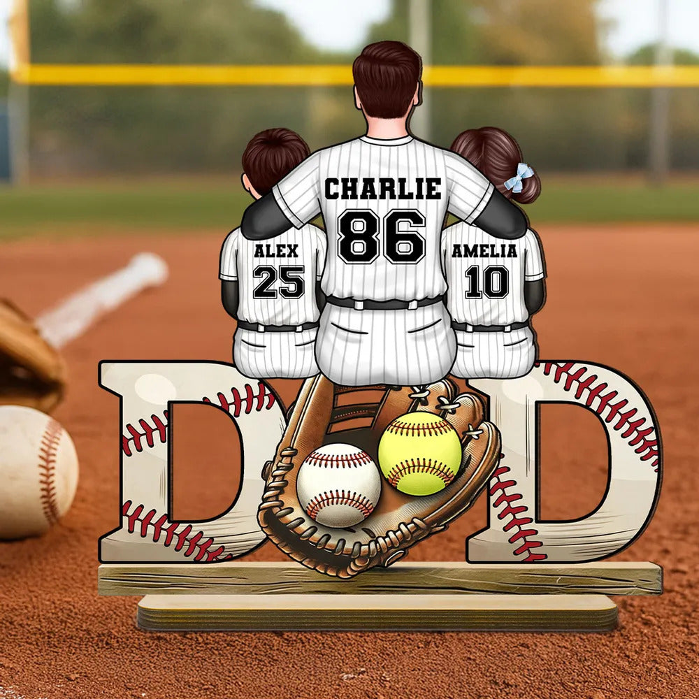 Baseball Softball Dad & Kids Glove Personalized Standing Wooden Plaque, Father's Day Gift for Dad, Gift for Husband
