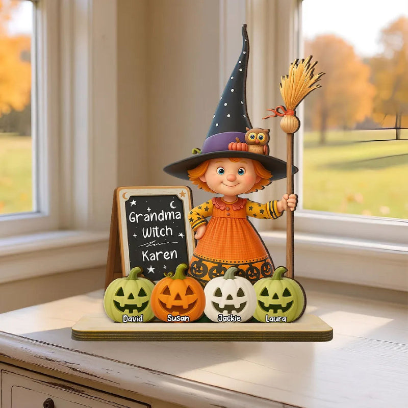 Personalized Grandma Witch Standing Wooden Plaque, Halloween Jack-o'-lantern Decor for Grandma