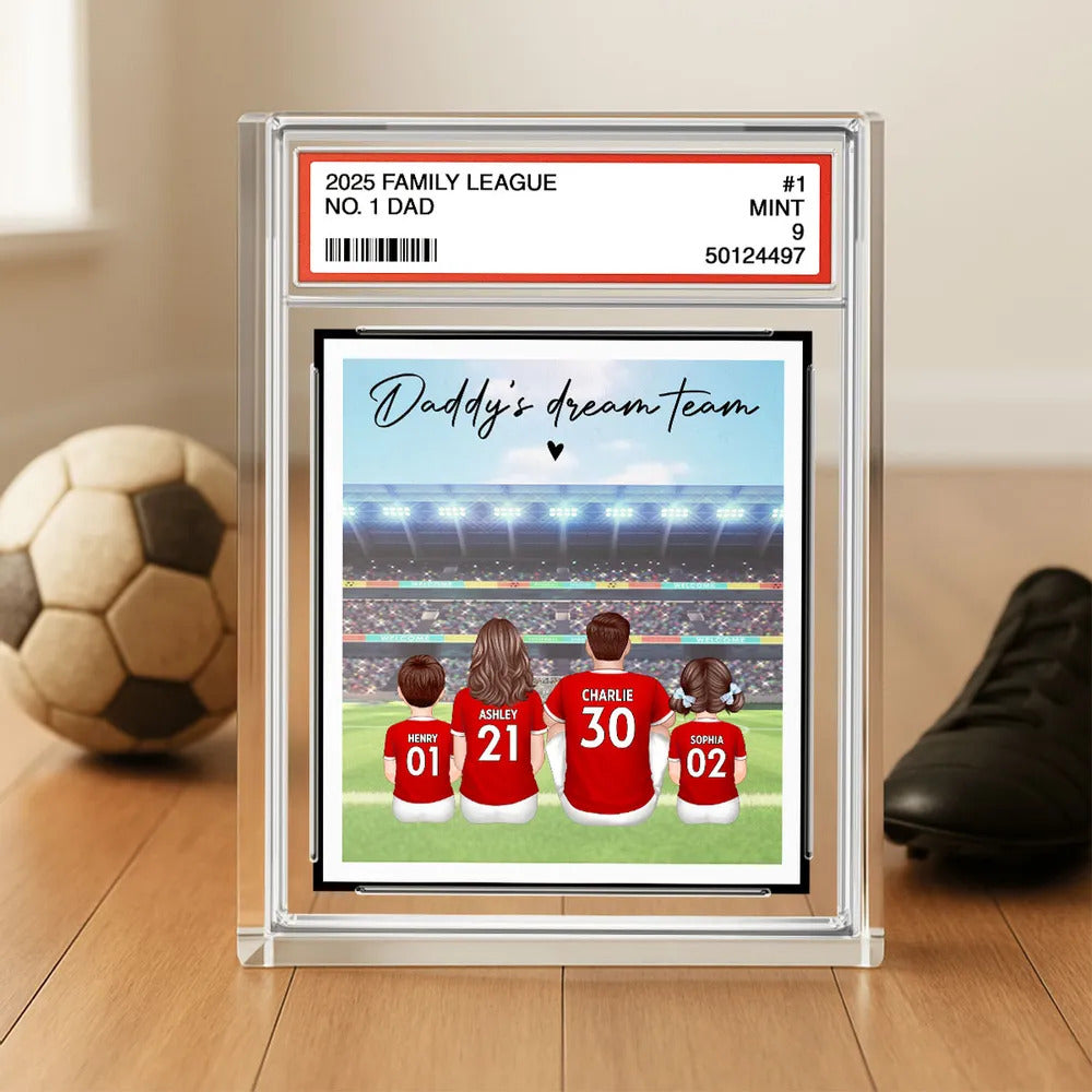 Soccer Daddy's Dream Team No. 1 Dad Man & Kids Sitting Trading Card Style Personalized Acrylic Block Plaque