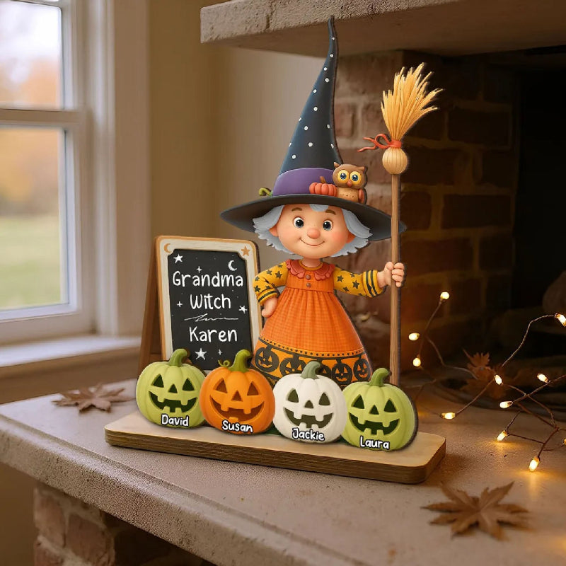 Personalized Grandma Witch Standing Wooden Plaque, Halloween Jack-o'-lantern Decor for Grandma