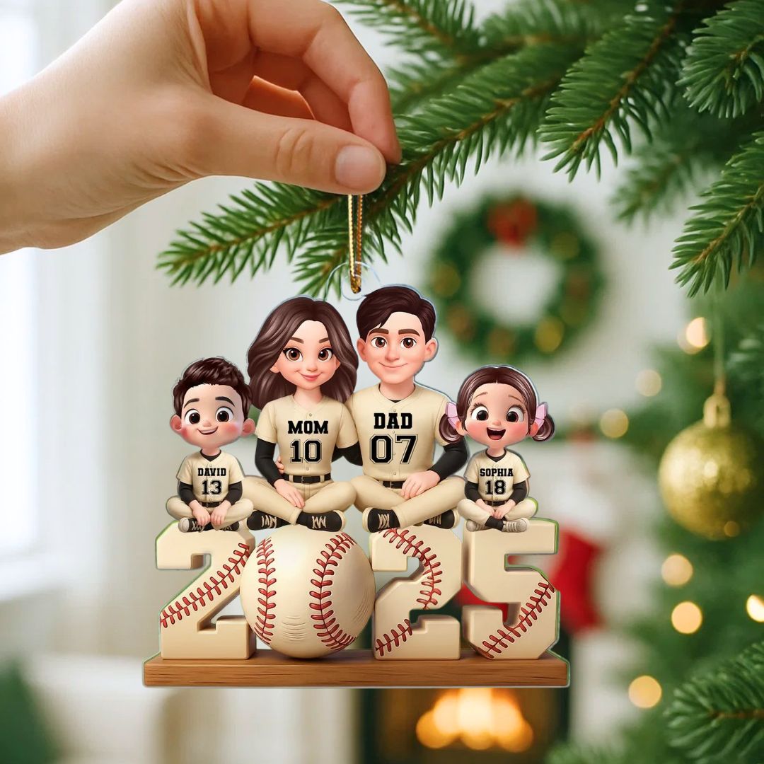 Baseball Family Sitting 2025 Personalized Acrylic Ornament, Christmas Gift for Husband, Wife, Kids