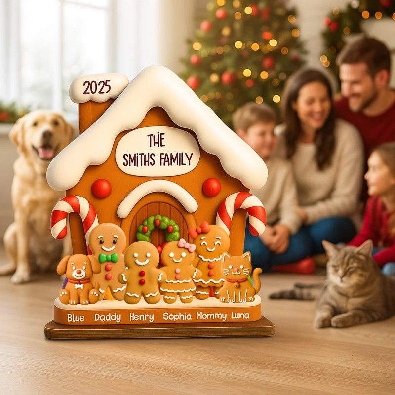 Personalized Gingerbread Family House Standing Wooden Plaque, Personalized Christmas Standing Wooden Plaque