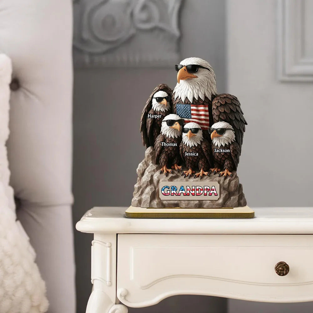 Patriotic Eagle Grandpa Dad & Kids 3D Effect Personalized Standing Wooden Plaque, Gift For Dad Grandpa