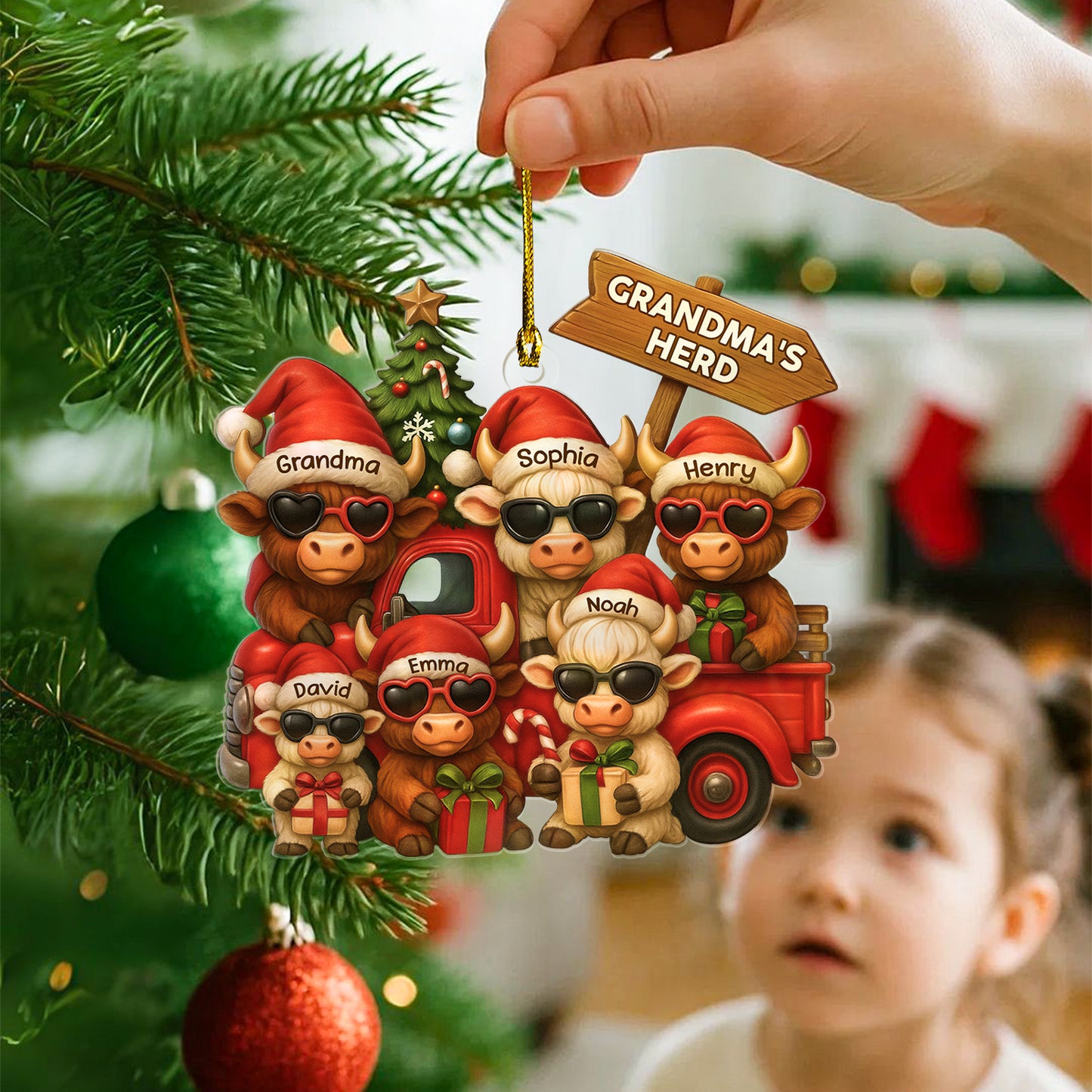 Personalized Christmas Highland Cow On Truck Acrylic Ornament, Family Christmas Ornament