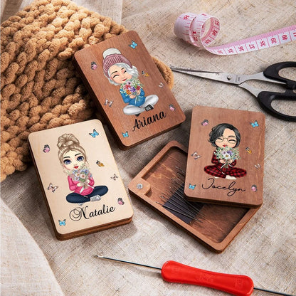 Personalised Cartoon Character Birth Flower Bouquet Wooden Magnetic Needle Box with Name, Mother's Day Gift for Mom And Grandma