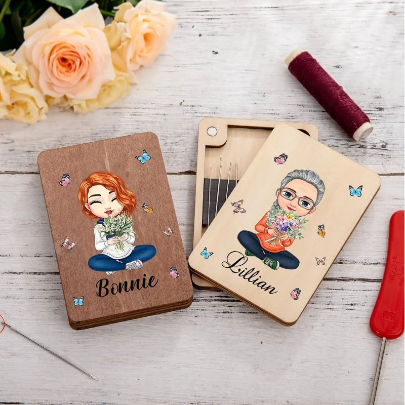 Personalised Cartoon Character Birth Flower Bouquet Wooden Magnetic Needle Box with Name, Mother's Day Gift for Mom And Grandma